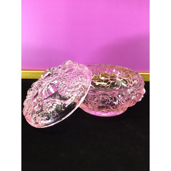 Vintage Fenton Art Glass Powder Jar Trinket Box with Lid Transparent Pink Floral - Picture 13 of 16